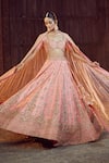 Buy_Azeera_Coral Embroidered Plunged Glass Neck Prachi Zardozi Bridal Lehenga Set _Online_at_Aza_Fashions