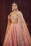 Azeera_Coral Embroidered Plunged Glass Neck Prachi Zardozi Bridal Lehenga Set _at_Aza_Fashions