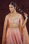 Shop_Azeera_Coral Embroidered Plunged Glass Neck Prachi Zardozi Bridal Lehenga Set _at_Aza_Fashions