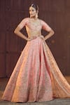 Buy_Azeera_Coral Embroidered Plunged Glass Neck Prachi Zardozi Bridal Lehenga Set _Online