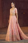 Shop_Azeera_Coral Embroidered Plunged Glass Neck Prachi Zardozi Bridal Lehenga Set _Online