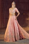 Azeera_Coral Embroidered Plunged Glass Neck Prachi Zardozi Bridal Lehenga Set 