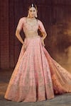 Azeera_Coral Embroidered Plunged Glass Neck Prachi Zardozi Bridal Lehenga Set 