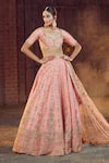 Azeera_Coral Embroidered Plunged Glass Neck Prachi Zardozi Bridal Lehenga Set 