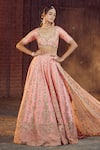 Azeera_Coral Embroidered Plunged Glass Neck Prachi Zardozi Bridal Lehenga Set 