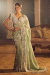 Buy_Azeera_Green Embroidered Floral Plunged V Neck Saree With Blouse _at_Aza_Fashions