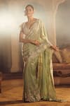 Azeera_Green Embroidered Floral Plunged V Neck Saree With Blouse _Online_at_Aza_Fashions