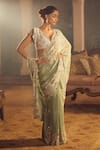 Azeera_Green Embroidered Floral Plunged V Neck Saree With Blouse _at_Aza_Fashions