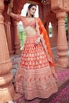 Azeera_Orange Silk Blend Embroidered Floral Broad Leaf Neck Zardozi Bridal Lehenga Set _Online_at_Aza_Fashions