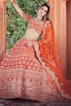 Shop_Azeera_Orange Silk Blend Embroidered Floral Broad Leaf Neck Zardozi Bridal Lehenga Set _Online_at_Aza_Fashions