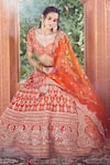 Azeera_Orange Silk Blend Embroidered Floral Broad Leaf Neck Zardozi Bridal Lehenga Set _at_Aza_Fashions