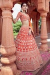 Shop_Azeera_Orange Silk Blend Embroidered Floral Broad Leaf Neck Zardozi Bridal Lehenga Set 