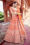 Azeera_Orange Silk Blend Embroidered Floral Broad Leaf Neck Zardozi Bridal Lehenga Set _Online