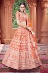 Shop_Azeera_Orange Silk Blend Embroidered Floral Broad Leaf Neck Zardozi Bridal Lehenga Set _Online