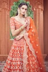 Azeera_Orange Silk Blend Embroidered Floral Broad Leaf Neck Zardozi Bridal Lehenga Set 