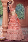 Azeera_Orange Silk Blend Embroidered Floral Broad Leaf Neck Zardozi Bridal Lehenga Set 