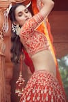 Azeera_Orange Silk Blend Embroidered Floral Broad Leaf Neck Zardozi Bridal Lehenga Set 