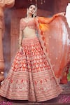 Azeera_Orange Silk Blend Embroidered Floral Broad Leaf Neck Zardozi Bridal Lehenga Set 