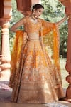 Shop_Azeera_Orange Silk Blend Embroidered Floral Broad Leaf Zardozi Bridal Lehenga Set _at_Aza_Fashions