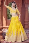 Shop_Azeera_Yellow Silk Blend Embroidered Floral Plunged Neck Lehenga Set 