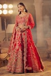 Buy_Azeera_Red Embroidered Floral Notched Neck Ananya Bridal Lehenga Set _at_Aza_Fashions