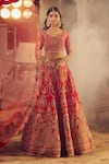 Azeera_Red Embroidered Floral Notched Neck Ananya Bridal Lehenga Set _Online_at_Aza_Fashions