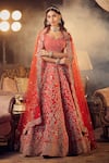 Shop_Azeera_Red Embroidered Floral Leaf Marigold Bridal Lehenga Set _at_Aza_Fashions