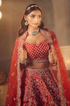 Azeera_Red Embroidered Floral Leaf Marigold Bridal Lehenga Set _Online