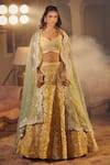 Shop_Azeera_Yellow Embroidered Floral Vines Glass Neck Mukesh Lehenga Set _at_Aza_Fashions