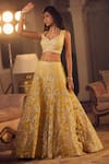 Azeera_Yellow Embroidered Floral Vines Glass Neck Mukesh Lehenga Set _Online_at_Aza_Fashions