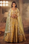 Buy_Azeera_Yellow Embroidered Floral Vines Glass Neck Mukesh Lehenga Set 