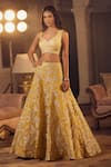 Azeera_Yellow Embroidered Floral Vines Glass Neck Mukesh Lehenga Set _Online