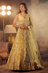 Azeera_Yellow Embroidered Floral Vines Glass Neck Mukesh Lehenga Set 