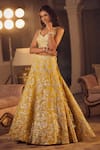 Azeera_Yellow Embroidered Floral Vines Glass Neck Mukesh Lehenga Set 