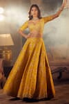 Azeera_Yellow Embroidered Floral Plunged Sweetheart Navrantan Lehenga Set 