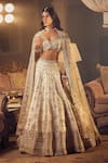 Azeera_Ivory Embroidered Floral Plunged Leaf Neck Prachi Zardozi Bridal Lehenga Set _Online_at_Aza_Fashions