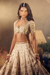 Shop_Azeera_Ivory Embroidered Floral Plunged Leaf Neck Prachi Zardozi Bridal Lehenga Set _Online