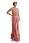 Shop_Chhavvi Aggarwal_Pink Georgette Embroidered Pearls U-neck Pre-draped Saree With Blouse Set _Online_at_Aza_Fashions