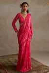 Buy_Chhavvi Aggarwal_Pink Georgette Printed Floral Rose Embroidered Pre-draped Saree With Blouse _at_Aza_Fashions