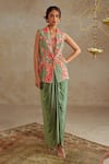 Buy_Chhavvi Aggarwal_Green Crepe Print Floral Notched Lapel Jade Rose Jacket With Draped Skirt Set _at_Aza_Fashions