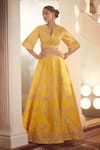 Azeera_Yellow Embroidered Floral Notched V Tanvee Zardozi Lehenga Set _at_Aza_Fashions