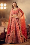 Azeera_Red Embroidered Floral Leaf Marigold Bridal Lehenga Set 