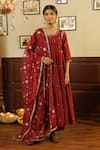 Buy_ASRUMO_Maroon Chanderi Embroidered Gota Jaal U Neck Patti Zari Anarkali Set _at_Aza_Fashions