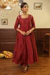 Shop_ASRUMO_Maroon Chanderi Embroidered Gota Jaal U Neck Patti Zari Anarkali Set _at_Aza_Fashions