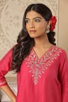 ASRUMO_Fuchsia Chanderi Embroidered Gota Jaal V-neck Patti Kurta Set _Online_at_Aza_Fashions