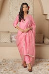 Shop_ASRUMO_Pink Chanderi Embroidered Gota Jaal V-neck Patti Kurta Pant Set _Online_at_Aza_Fashions