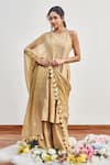 Buy_Disha Muchhala_Beige Chanderi Embroidered Zardosi Round And Pearl Kurta Pant Set _at_Aza_Fashions