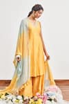 Buy_Disha Muchhala_Yellow Chanderi Embroidered Mirror V Neck And Pearl Kurta Pant Set _at_Aza_Fashions