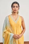 Disha Muchhala_Yellow Chanderi Embroidered Mirror V Neck And Pearl Kurta Pant Set _Online_at_Aza_Fashions