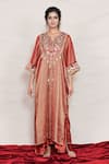 Jyoti Bansal_Orange Kaftan Pure Tissue Embroidery Floral Patchwork Notched  _Online_at_Aza_Fashions